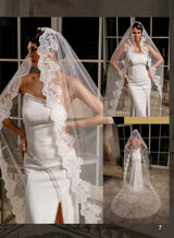 D402 beyaz transparan gelin duvağı model üzerinde; 2,30 metrelik döküm ve geniş çiçekli dantel kenarın önden ve arkadan görünümü